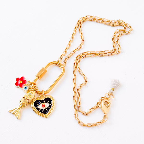 Small Gold Carabiner Charm Necklace with Black Heart, Fish charms