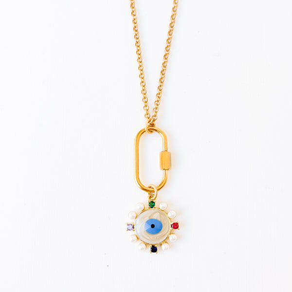 Gold Evil Eye Necklace with Pearls & Gem Accents
