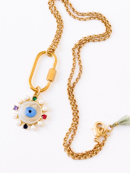 Gold Evil Eye Necklace with Pearls & Gem Accents