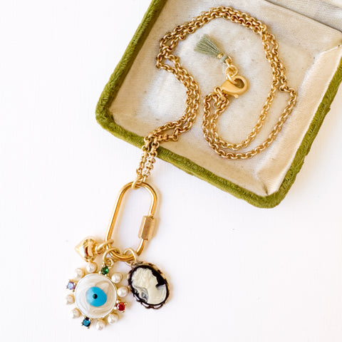 Evil Eye & Cameo Charm Necklace with Gold Carabiner