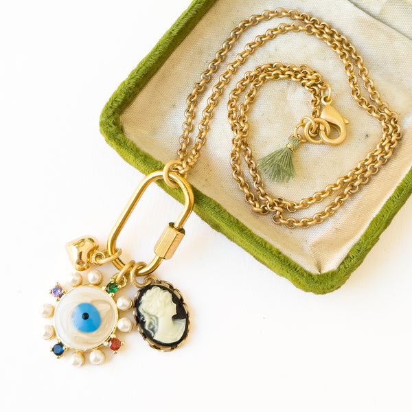 Evil Eye & Cameo Charm Necklace with Gold Carabiner
