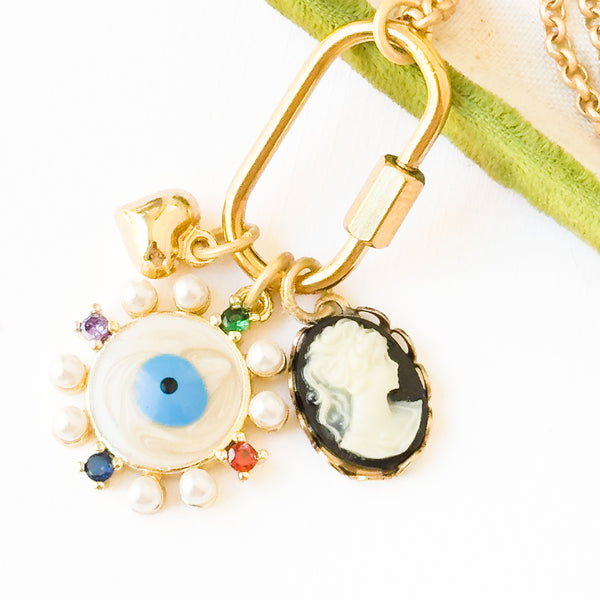 Evil Eye & Cameo Charm Necklace with Gold Carabiner