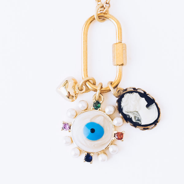 Evil Eye & Cameo Charm Necklace with Gold Carabiner