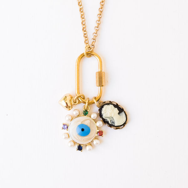 Evil Eye & Cameo Charm Necklace with Gold Carabiner