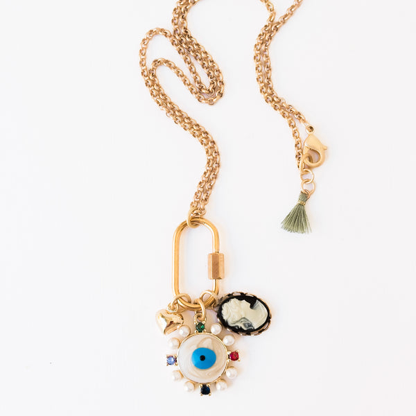 Evil Eye & Cameo Charm Necklace with Gold Carabiner