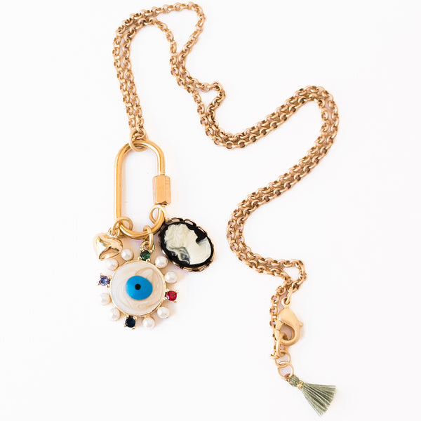 Evil Eye & Cameo Charm Necklace with Gold Carabiner