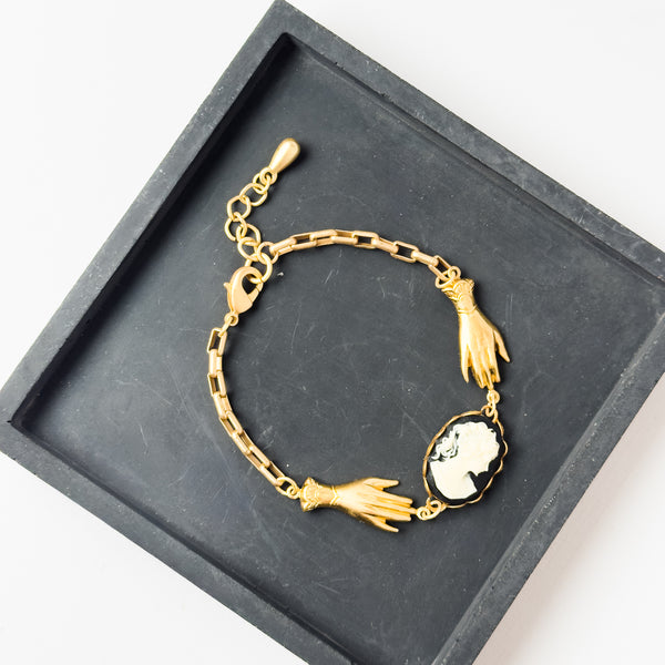 24K Satin Gold Paparclip Charm Bracelet with Cameo & Hands