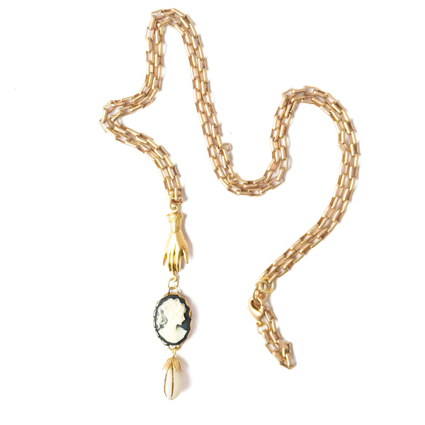24K Satin Gold Cameo & Hand Charm Necklace