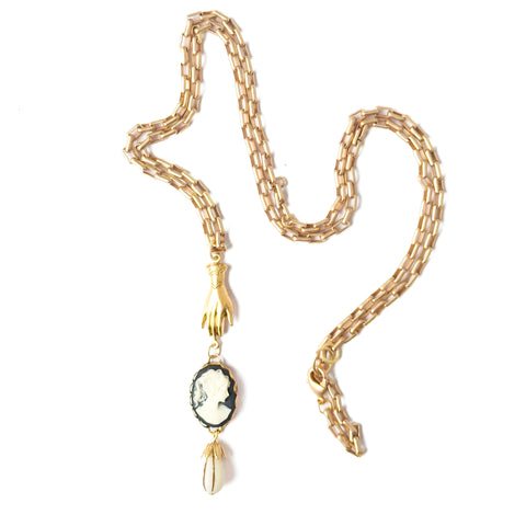 24K Satin Gold Cameo & Hand Charm Necklace
