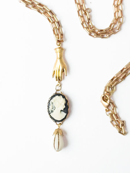 24K Satin Gold Cameo & Hand Charm Necklace