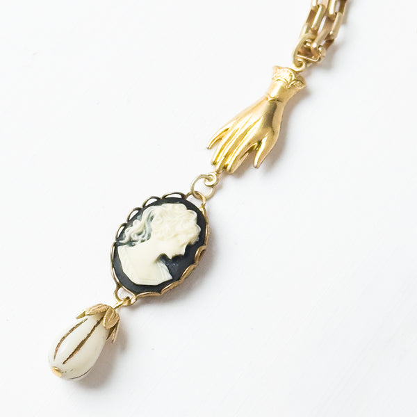 24K Satin Gold Cameo & Hand Charm Necklace