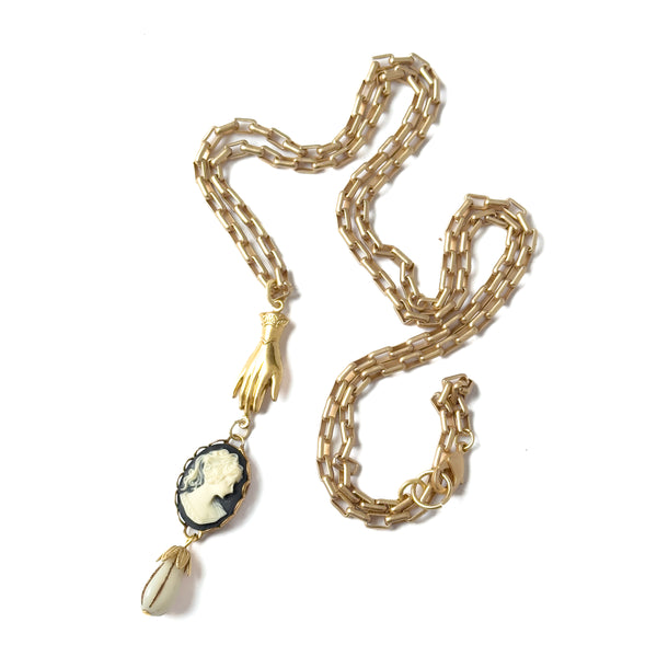 24K Satin Gold Cameo & Hand Charm Necklace