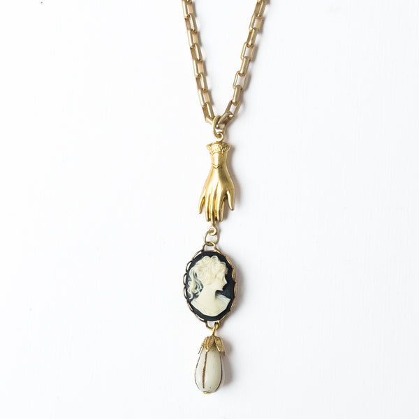 24K Satin Gold Cameo & Hand Charm Necklace