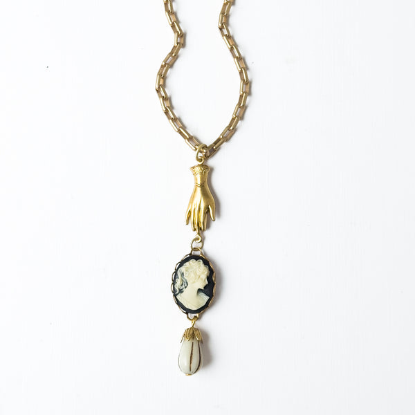 24K Satin Gold Cameo & Hand Charm Necklace