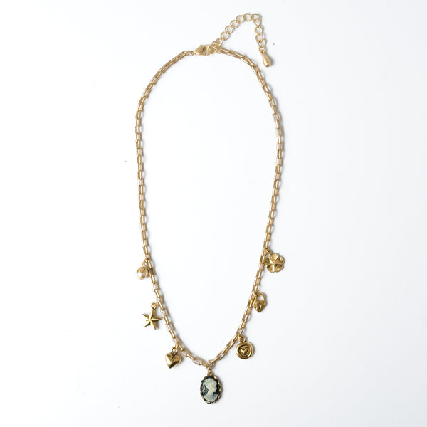 24K Satin Gold Multi-Charm Cameo Necklace