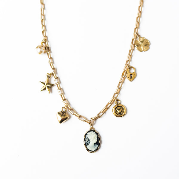 24K Satin Gold Multi-Charm Cameo Necklace