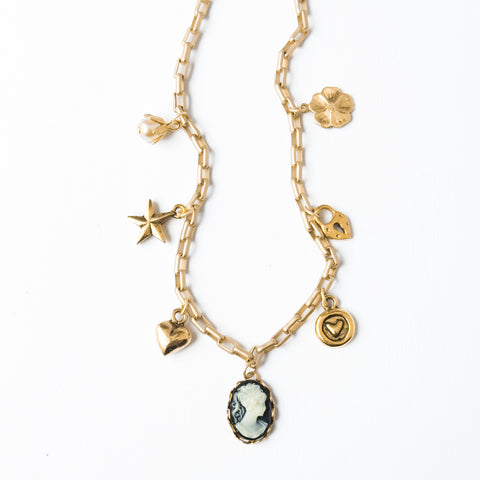 24K Satin Gold Multi-Charm Cameo Necklace