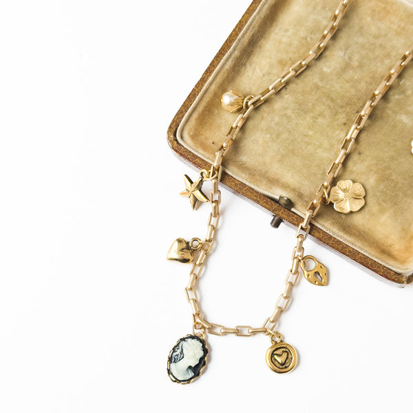 24K Satin Gold Multi-Charm Cameo Necklace