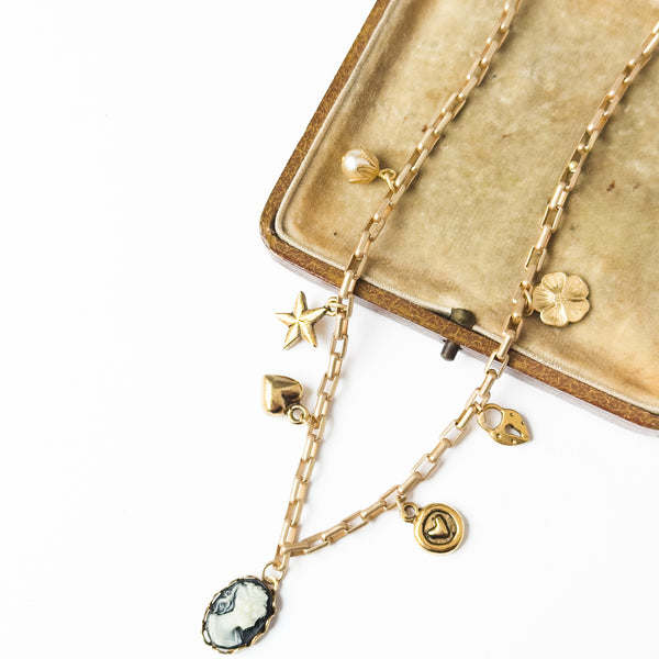 24K Satin Gold Multi-Charm Cameo Necklace