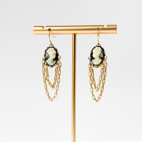 Cameo Earrings with Double 24K Gold Plated Chains