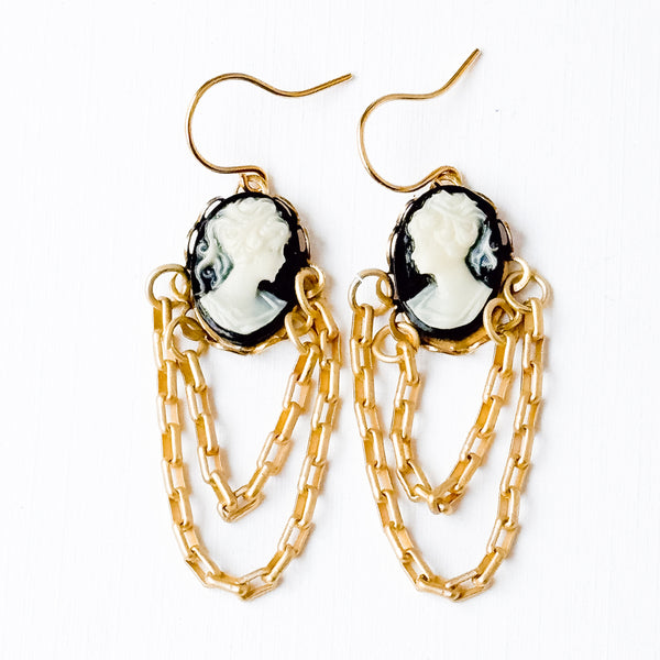Cameo Earrings with Double 24K Gold Plated Chains