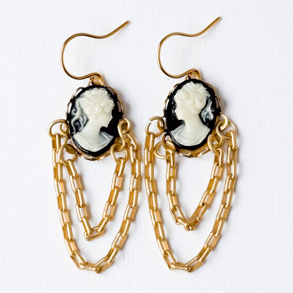Cameo Earrings with Double 24K Gold Plated Chains