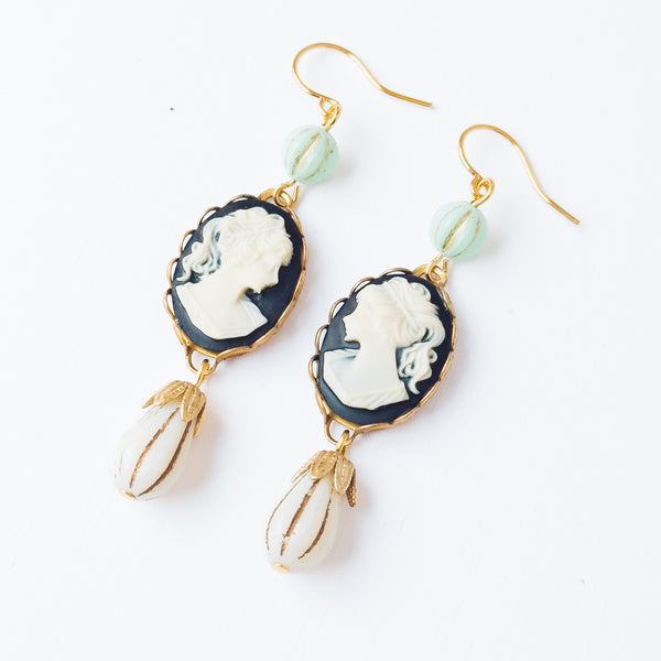 Cameo Earrings with Light Blue Bead and Drop Bead