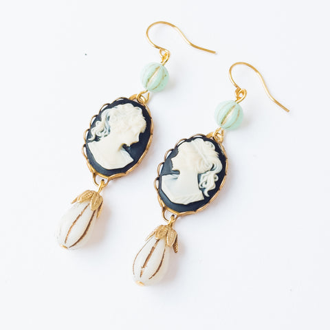Cameo Earrings with Light Blue Bead and Drop Bead