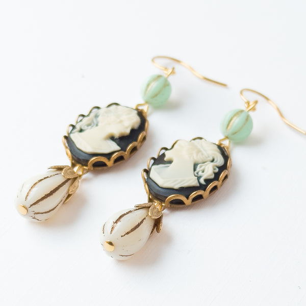 Cameo Earrings with Light Blue Bead and Drop Bead