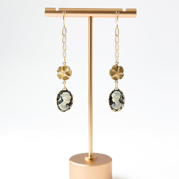 Long Cameo Drop Earrings with Satin Gold Chain and Flower