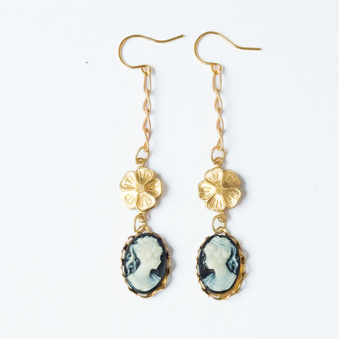 Long Cameo Drop Earrings with Satin Gold Chain and Flower