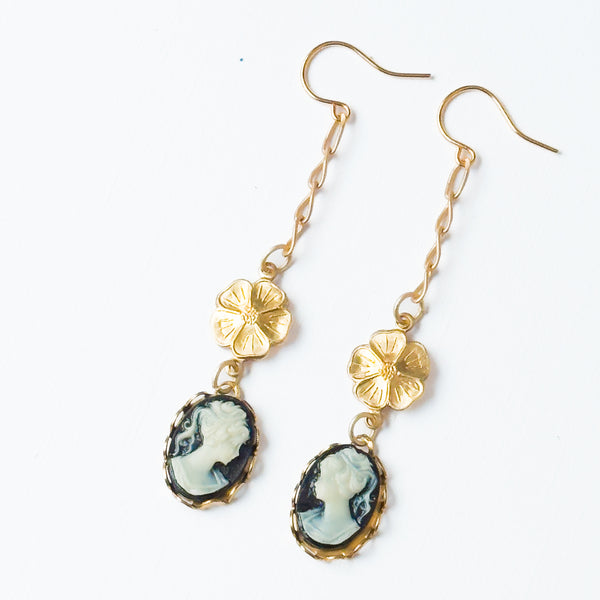 Long Cameo Drop Earrings with Satin Gold Chain and Flower