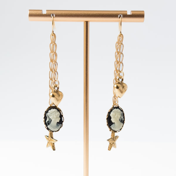 Long Cameo Charm Earrings with Heart, Star & Gold Chains