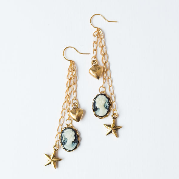 Long Cameo Charm Earrings with Heart, Star & Gold Chains