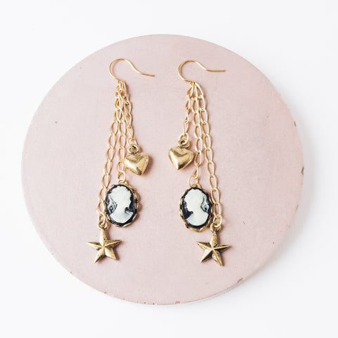 Long Cameo Charm Earrings with Heart, Star & Gold Chains