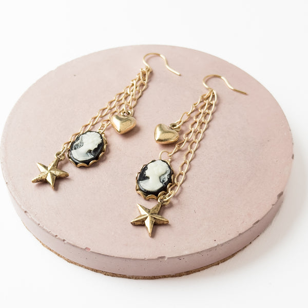 Long Cameo Charm Earrings with Heart, Star & Gold Chains
