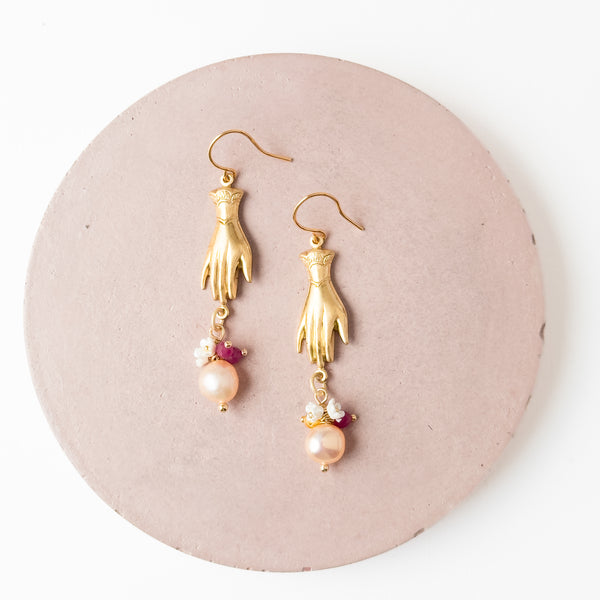 Gold Hand Earrings with Pearls and Gemstone Drops