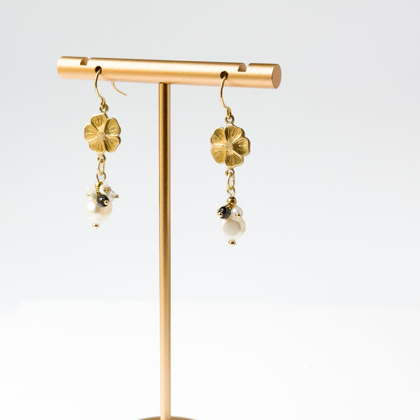 Gold Flower Earrings with Pearls and Gemstone Accents