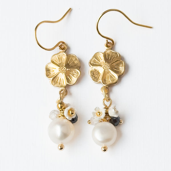 Gold Flower Earrings with Pearls and Gemstone Accents