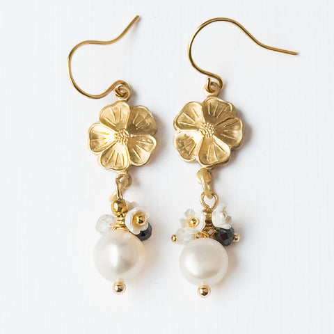 Gold Flower Earrings with Pearls and Gemstone Accents