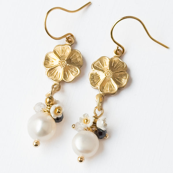 Gold Flower Earrings with Pearls and Gemstone Accents