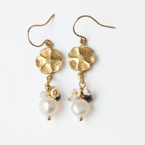 Gold Flower Earrings with Pearls and Gemstone Accents