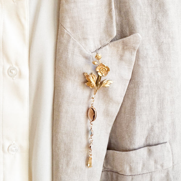 Gold Flower Brooch with Colorful Glass Stones and Yellow Crystal Drop