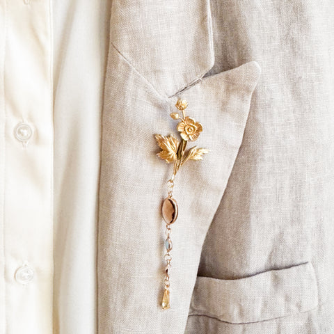 Gold Flower Brooch with Colorful Glass Stones and Yellow Crystal Drop