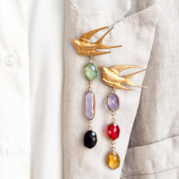 Gold Swallow Bird Brooch with Colorful Glass Stones