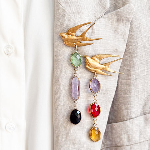 Gold Swallow Bird Brooch with Colorful Glass Stones