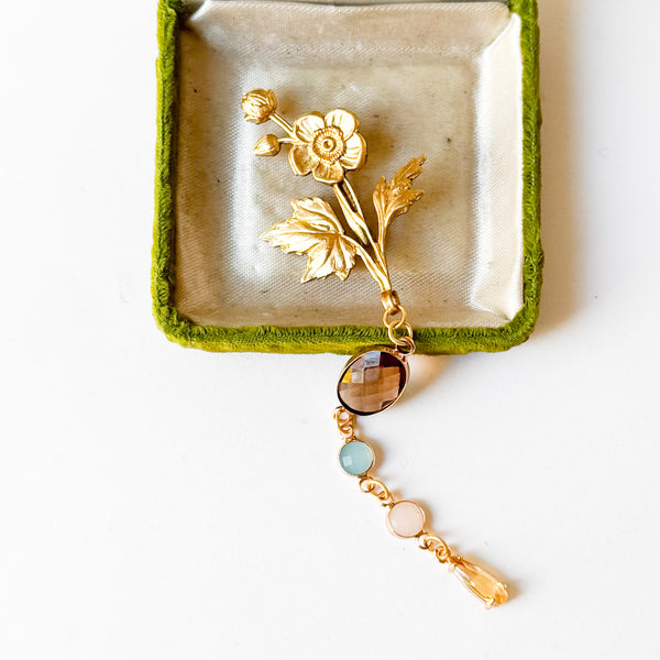 Gold Flower Brooch with Colorful Glass Stones and Yellow Crystal Drop