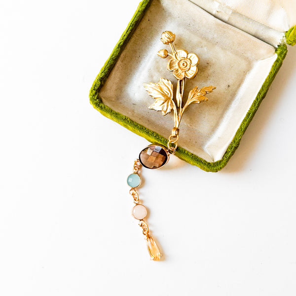Gold Flower Brooch with Colorful Glass Stones and Yellow Crystal Drop