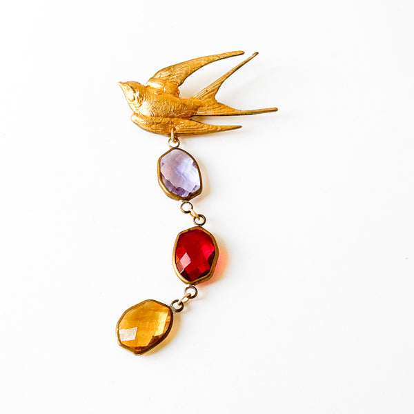Gold Swallow Bird Brooch with Colorful Glass Stones