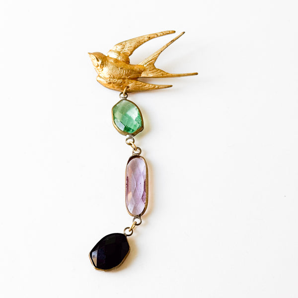 Gold Swallow Bird Brooch with Colorful Glass Stones
